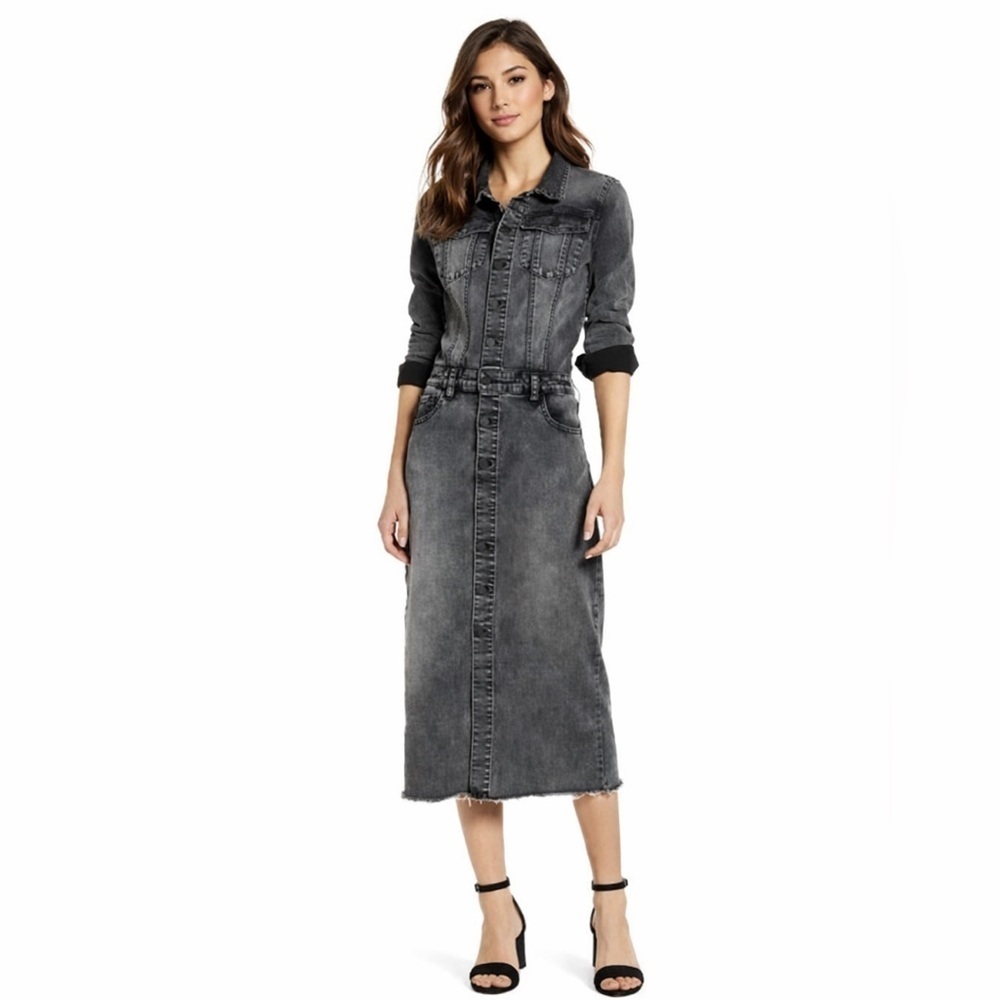 Denim Button Up Dress in Washed Black